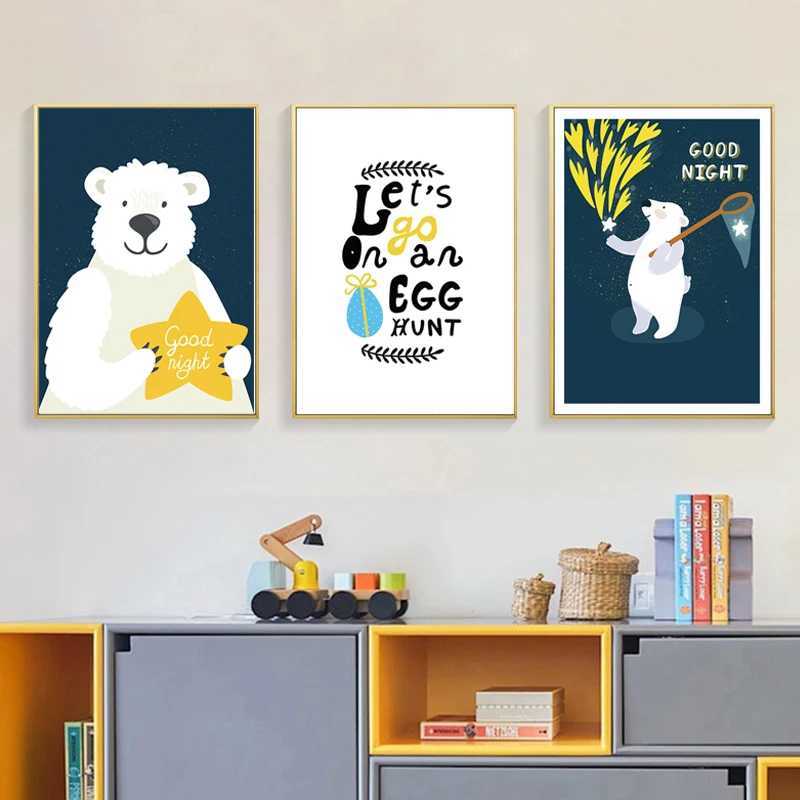 Dipinti Pittura decorativa scandinava la cameretta dei bambini Poster artistici da parete Stampa su tela Immagini la cameretta dei bambini Orso Volpe Luna