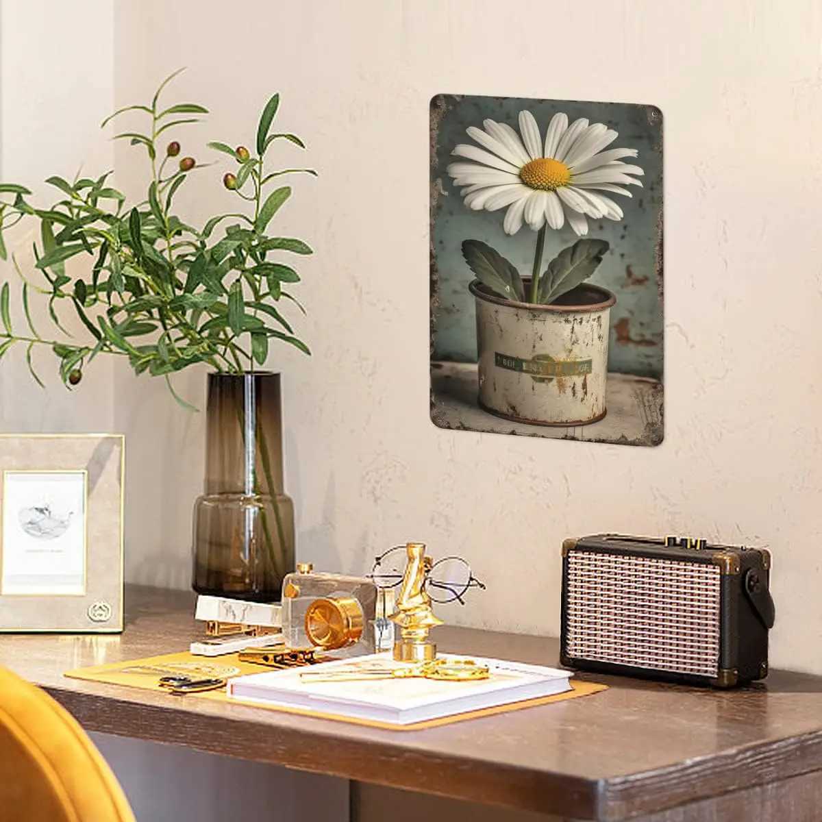 Metal Painting Vintage Tin Sign Flowers White Daisy with Dew Drop Metal Sign Retro Wall Decor for Home Cafes Office Store Pubs Club