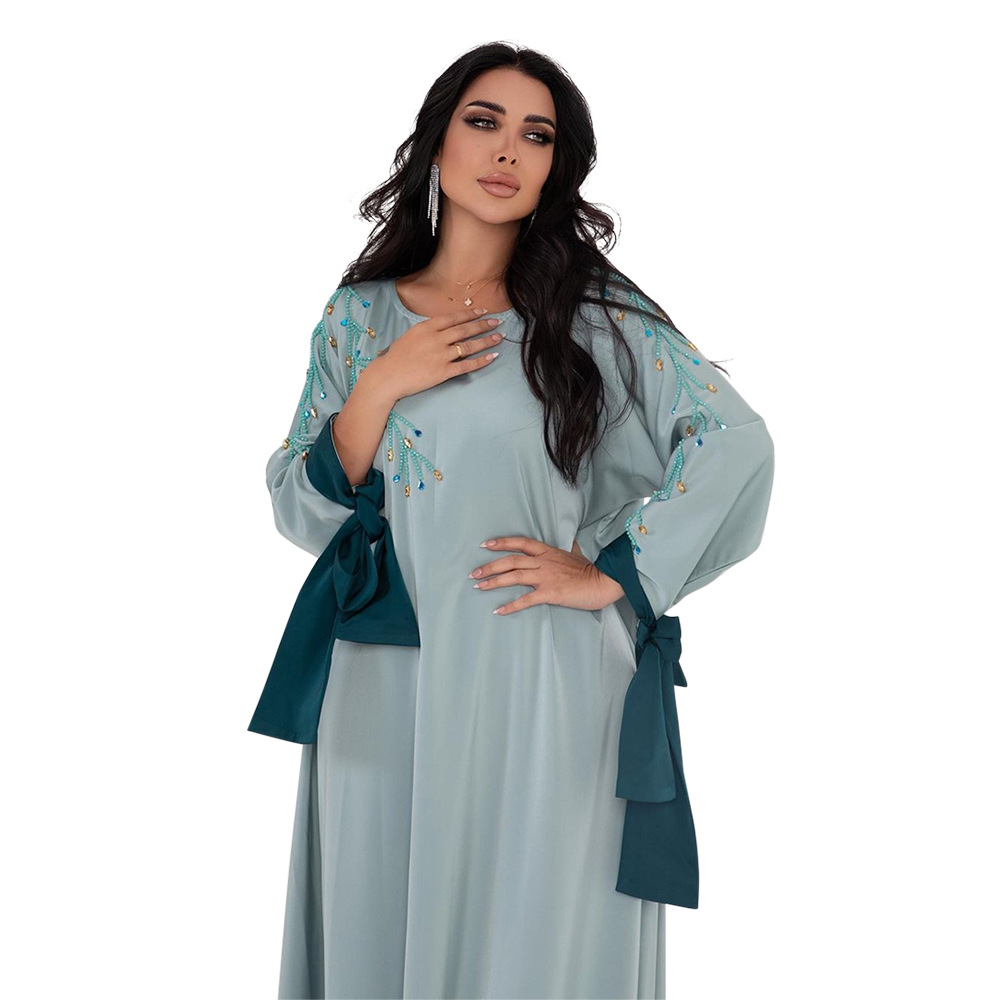 Middle East Dubai Arabian Women Dress Fashion Contrasting Color Satin Robe Diamonds Lace-up Sleeves Elegant Party Gowns Abaya caftan dubai luxe 2024 moderne