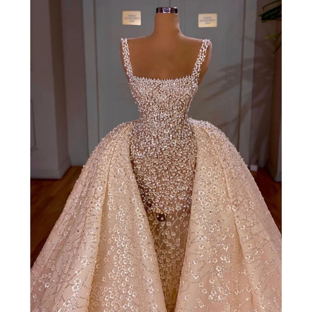 Superbe robe de mariée sirène luxueuse transparente avec perles, décolleté carré, robes de mariée avec train détachable, 2024