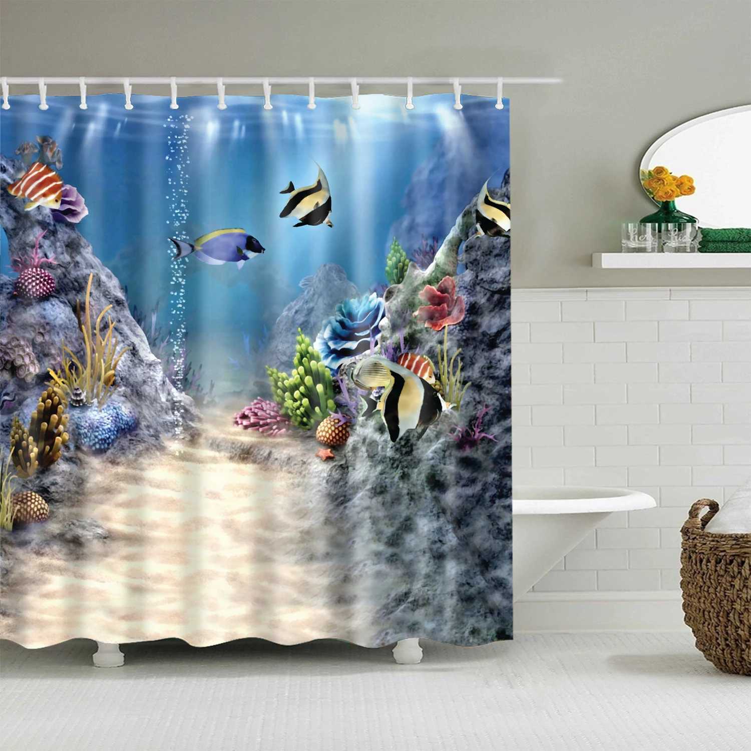 Shower Curtains Sea Animals Fish Cartoon Shower Curtain Bathroom Curtain Frabic Waterproof Polyester Bath Curtain with Hooks