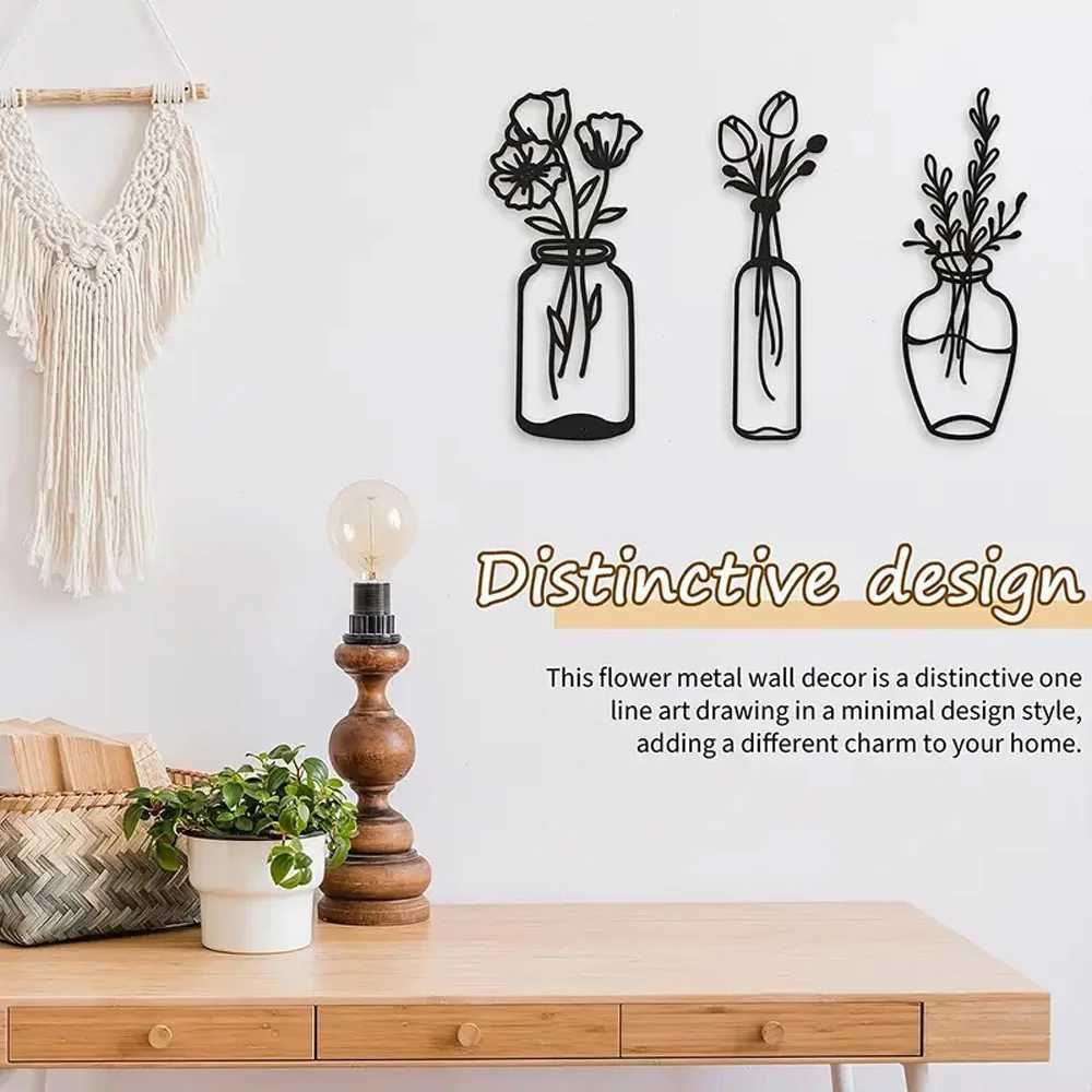 Paintings Metal Flower Wall Decor Minimalist Vase Wall Art Black Tulip Wire Iron Decor