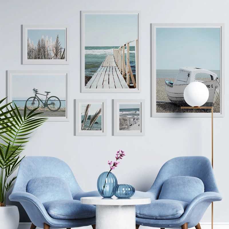 Målningar Nordic Canvas målning av Ocean Reed Boat Beach Landscapes Seascape Affisch Art Print Decorative Elegant Bilder för vardagsrum