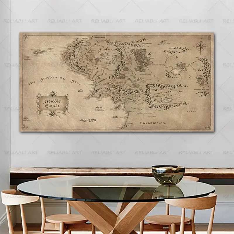 Paintings Retro The-Lord-of-Rings Map Canvas Painting Vintage Middle-earth Map Poster Movie Wall Art Pictures for Home Living Room Decor