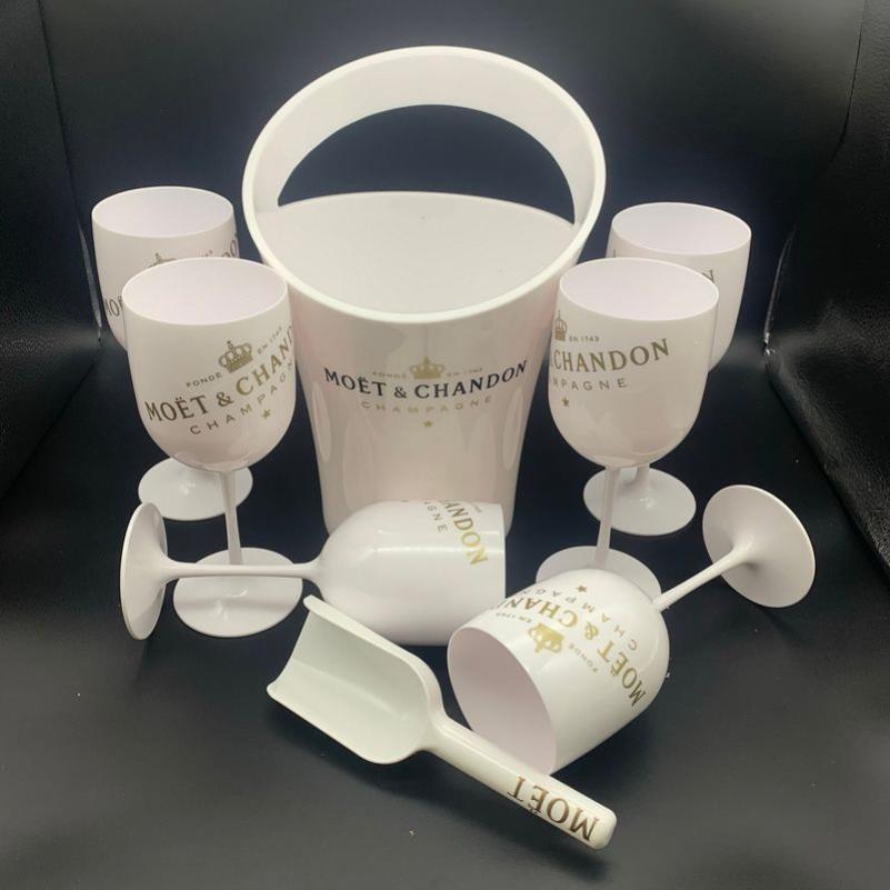 6 Glass 1 Ice Bucket 1Scoop Champagne Flutes Party Plastic Cups Cocktail Cup White Cabinet Akryl Vinglasskylare243o