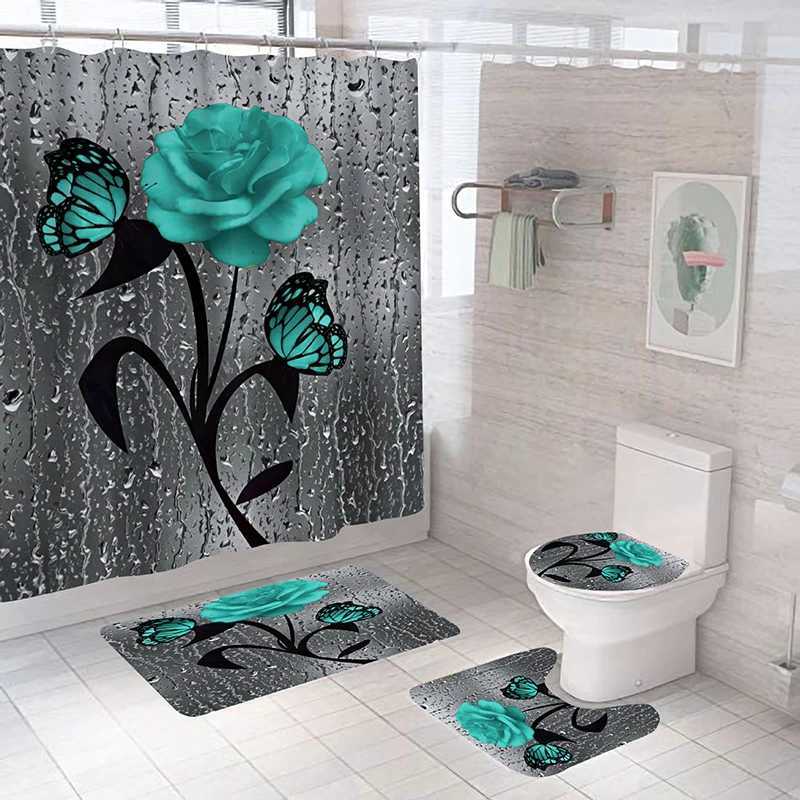 Rideaux de douche Ensemble de tapis antidérapant pour salle de bain, motif papillon rose rouge, ensemble de rideau de douche imperméable et durable, couvercle de tapis sur pied, couverture de toilette, tapis de bain