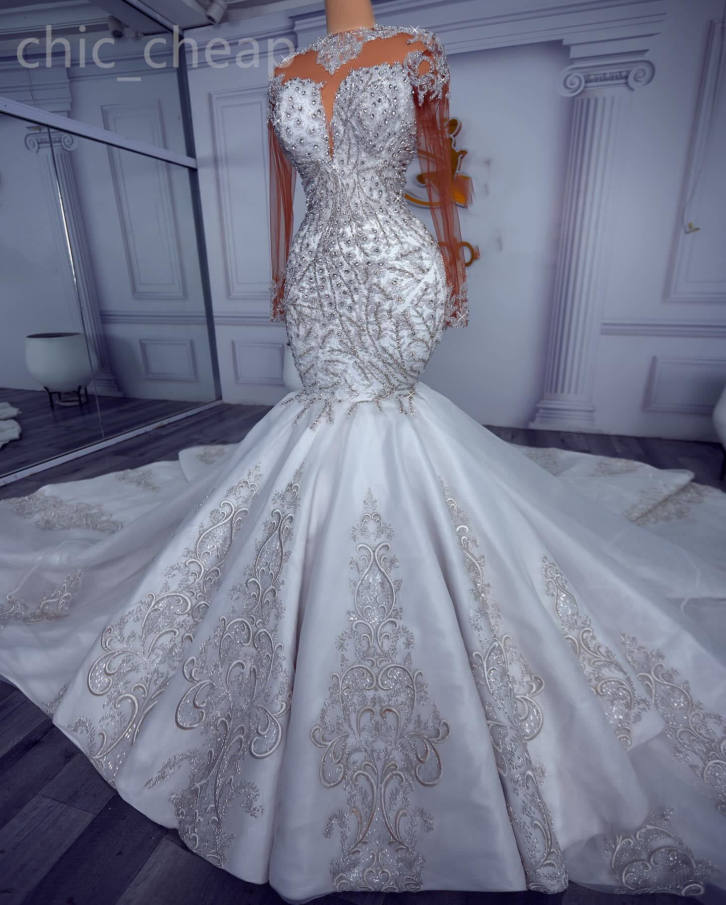 2024 العربية Aso Ebi Plus Size Ivory Mermaid Wedding Dress Dressal Crystals Lace Lace Deck Drons Vresses Zj075