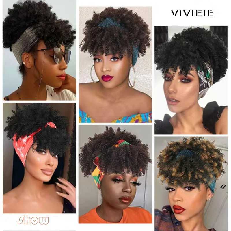 Perruques synthétiques courtes crépues bouclées bandeau perruques Afro bouclés bordeaux perruque avec écharpe naturel bouclés noir Cosplay perruques synthétiques faux cheveux L240124