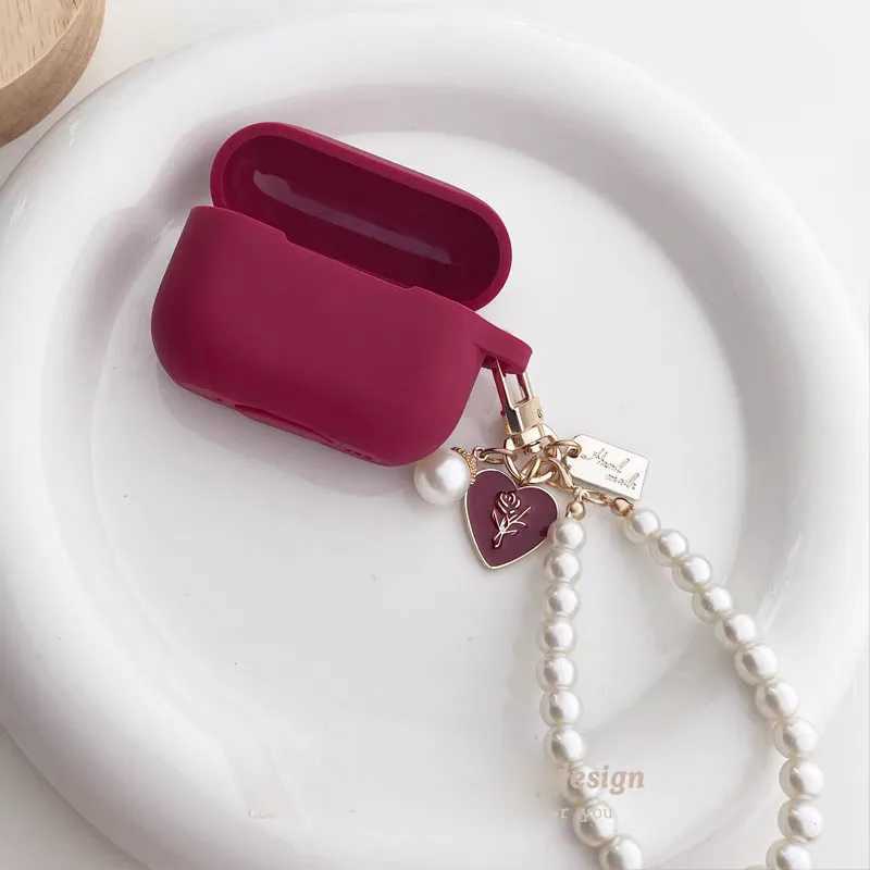 Чехлы для мобильных телефонов Винно-красный силиконовый чехол для наушников для Apple Airpods 1/2/3 Pro 2nd Bluetooth-гарнитура с брелком Sweet Vintage Rose Pearl