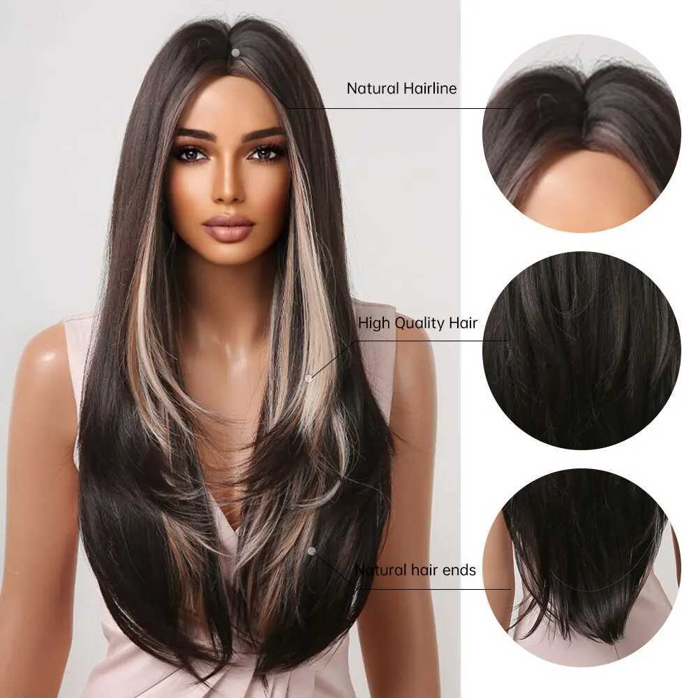 Synthetic Wigs Synthetic Dark Brown Blonde Highlight Wigs Middle Part Long Wavy Hair Wigs for Black Women Heat Resistant Cosplay Daily WigL240124