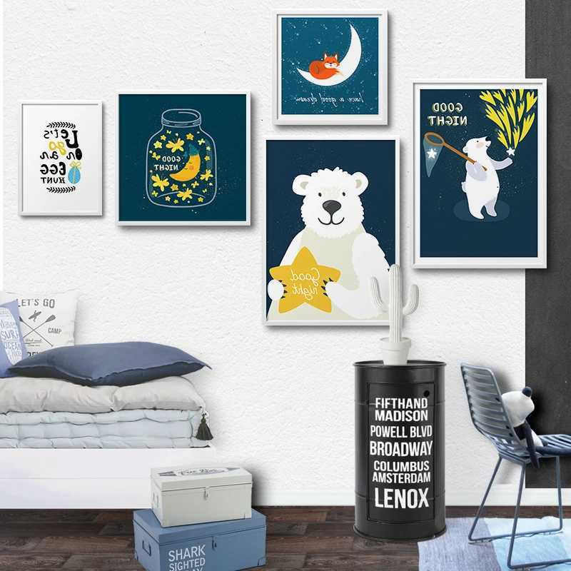 Dipinti Pittura decorativa scandinava la cameretta dei bambini Poster artistici da parete Stampa su tela Immagini la cameretta dei bambini Orso Volpe Luna