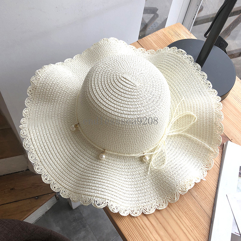 Nieuwe ruches kanten rand zonnehoed elegante parel lint strik decor stro caps zomer zonnebrandcrème reizen strandhoeden