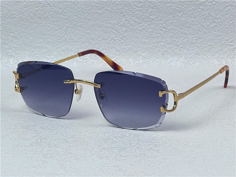 Retro Sunglasses Men Design Rimless Crystal Cut Surface Irregular Glasses Gold Light Color Lenses Summer Eyewear with Case Top Quality