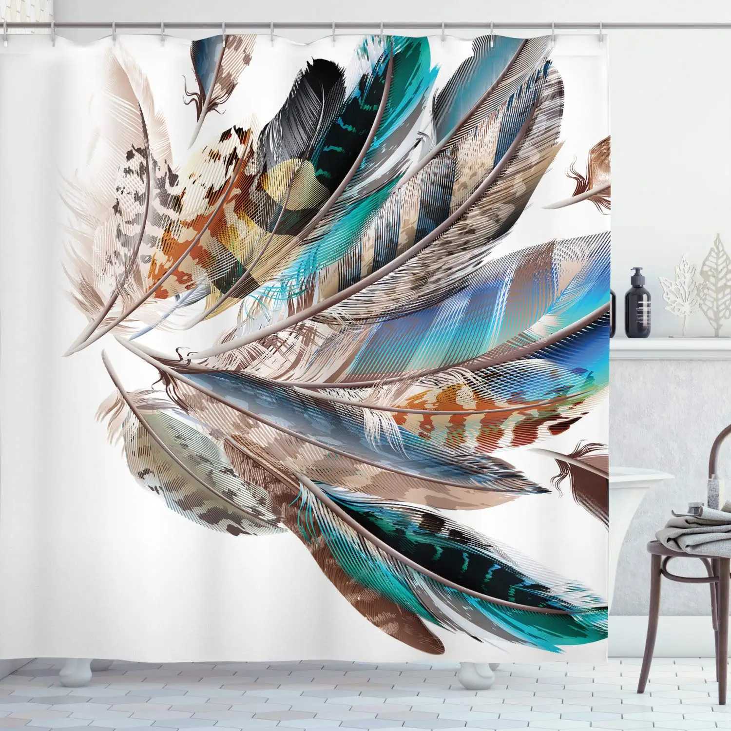 Shower Curtains Feathers Shower Curtain Vaned Types and Natal Contour Bird Feathers and Animal Skin Element Fabric Bathroom Decor Sets Hooks