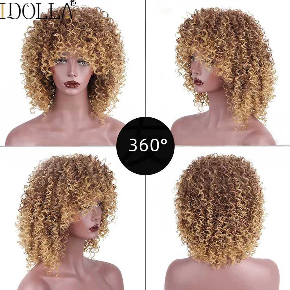Synthetic Wigs Idolla Short Curly Blonde Wig Synthetic Afro Kinky Curly Wig With Bangs For Black Women Natural Ombre Blonde Cosplay WigL240124