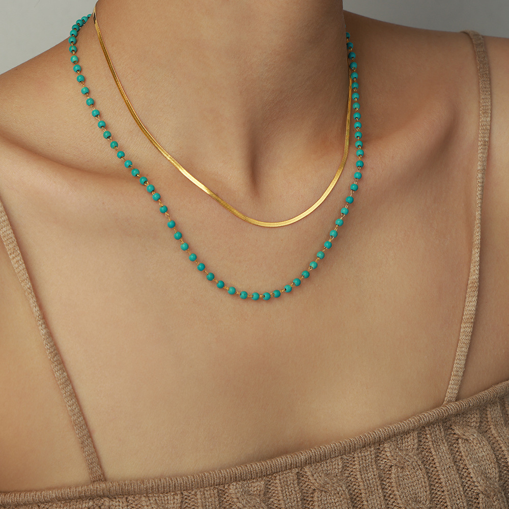 Ny europeisk och amerikansk titanstål DUBBEL CLAVICLE Kedja Kvinnor Geometrisk design Sense Turquoise Halsband Fashion 100 Överlappande slitskokare