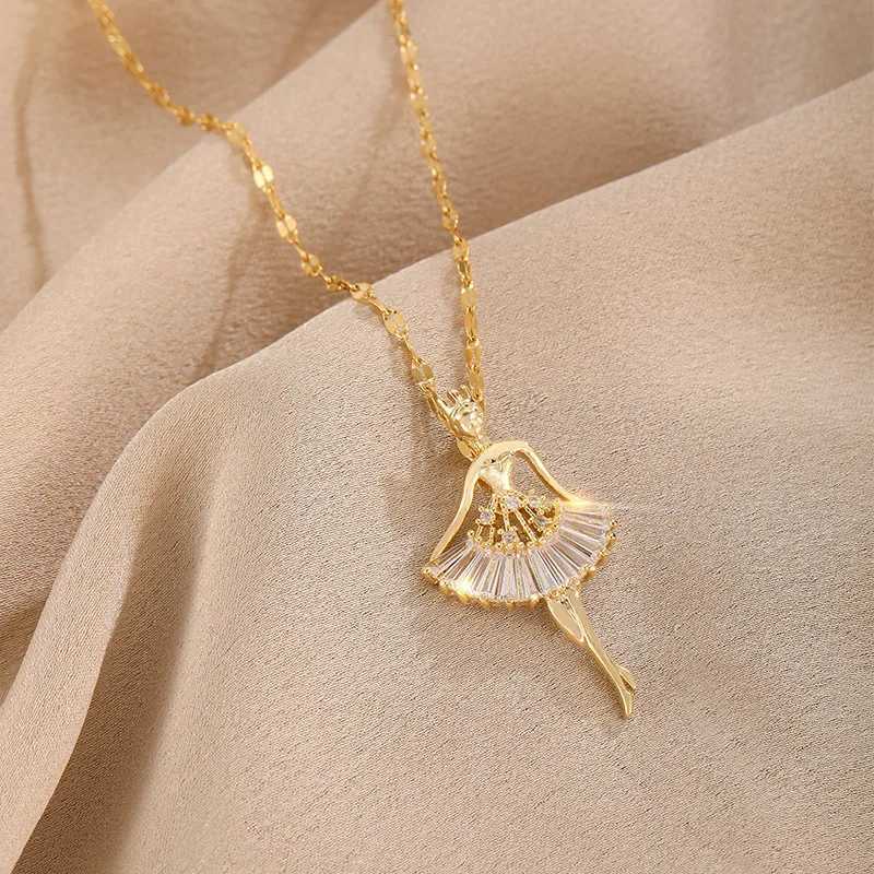 Pendant Necklaces Sweet Elegant Ballerina Girl Crystal Zircon Pendant Necklaces For Women Korean Fashion Ladies Sexy Stainless Steel Jewelry Gift YQ240124