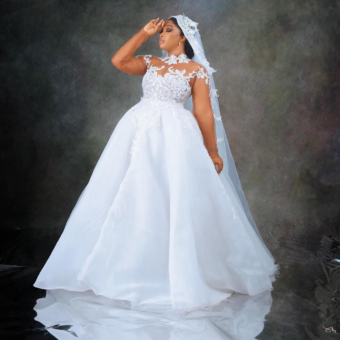 Свадебные платья Aso Ebi для невесты с прозрачным вырезом и длинными рукавами, бальные платья, свадебное платье принцессы королевы, кружевное свадебное платье с аппликацией для африканских чернокожих женщин, свадебное платье D121