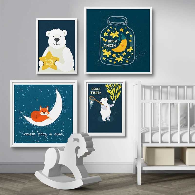 Dipinti Pittura decorativa scandinava la cameretta dei bambini Poster artistici da parete Stampa su tela Immagini la cameretta dei bambini Orso Volpe Luna