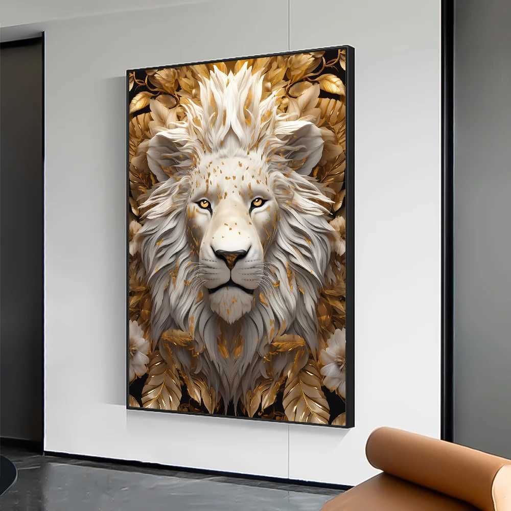 Schilderijen Zwart en Goud Leeuw Tijger Portret Canvas Schilderij Metaal Dier Poster Prints Wall Art Esthetische Foto voor Home Office Decor