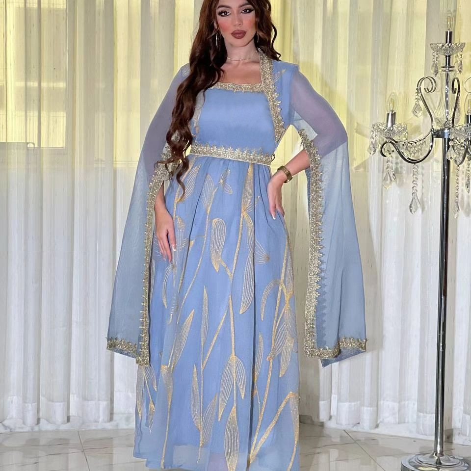 Robe muçulmano bordado Omã Dubai feminino sudeste asiático vestido indonésio Abaya estampado mangas compridas manto do Oriente Médio com cinto tissu de luxepour robe marocaine