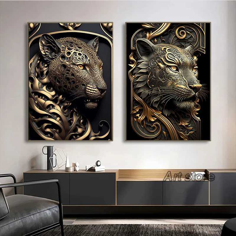 Pinturas Escultura de Metal Gorilla King Canvas Pintura Golden Lion Tiger Deer Bull Poster Art Animal Estátua Fotos para Decoração de Parede