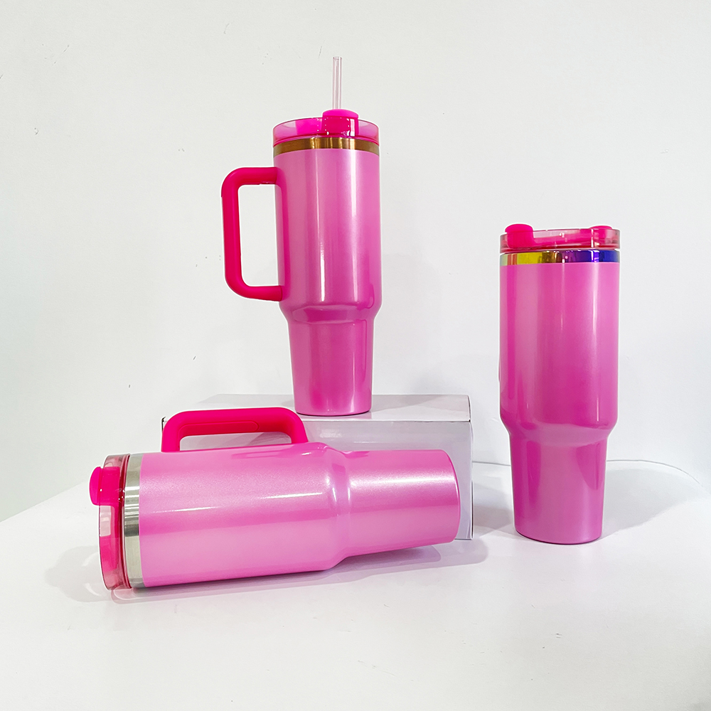 Vaso de acero inoxidable extintor H2.0 con brillo rosa invierno de 40 oz con sublimación en blanco chapado en arcoíris de cobre de gran capacidad con asa para grabado láser, vendido por caja