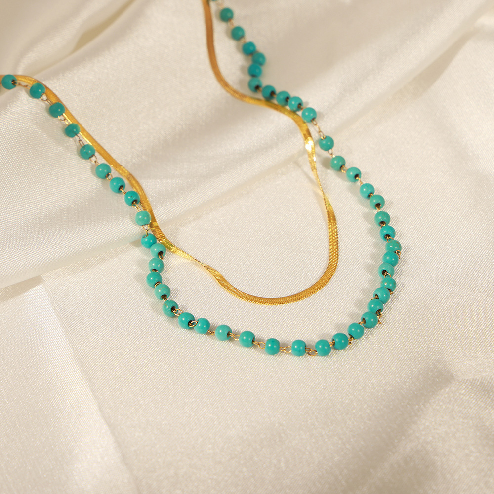 Ny europeisk och amerikansk titanstål DUBBEL CLAVICLE Kedja Kvinnor Geometrisk design Sense Turquoise Halsband Fashion 100 Överlappande slitskokare