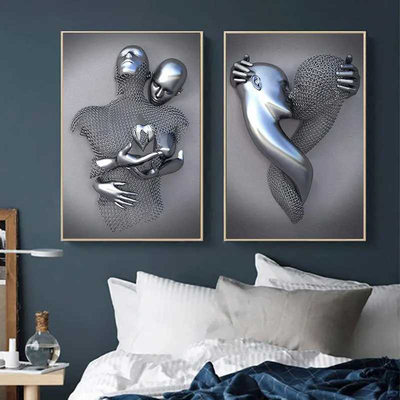 Obrazy 3D Love Heart Grey Metal Figur Statue Malowanie na płótnie plakatów sztuki i wydrukuje zdjęcia ścienne do salonu Dekoracja domu