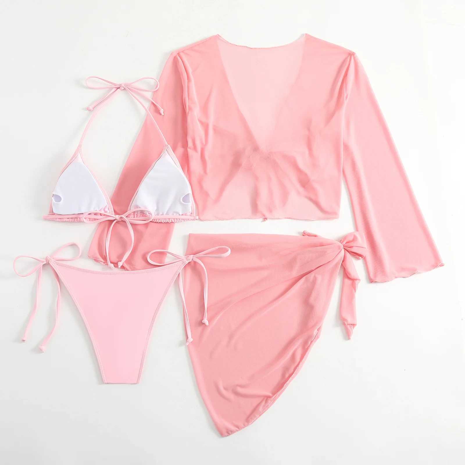 Traje de baño para mujer Conjunto de bikini micro mini de color rosa para mujer, 4 piezas con cubierta de malla, tops y falda, traje de baño, traje de baño, trajes de playa, biquini YQ240124