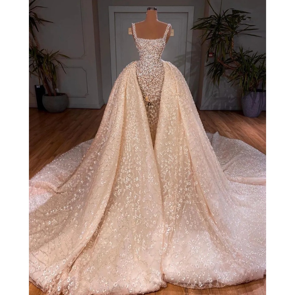 Superbe robe de mariée sirène luxueuse transparente avec perles, décolleté carré, robes de mariée avec train détachable, 2024