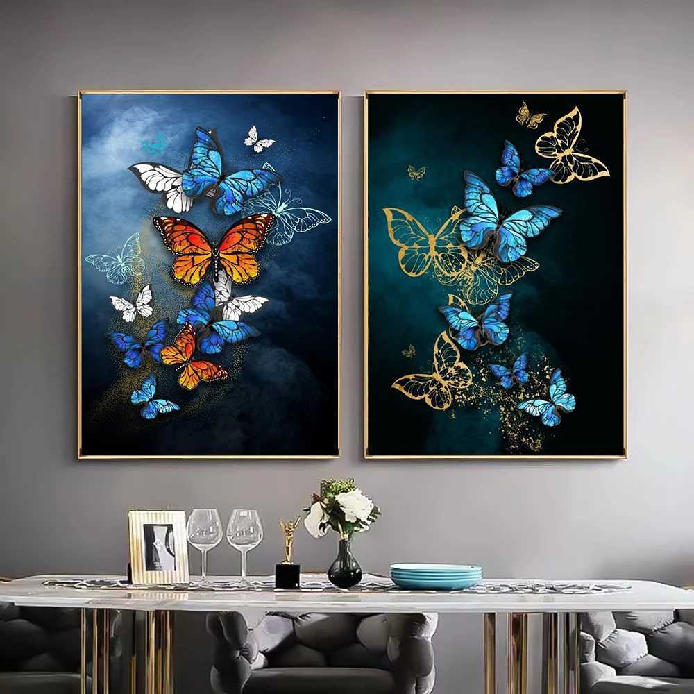 Dipinti Oro Blu Farfalla Dipinti su tela Stampe d'arte da parete nere Soggiorno di lusso Poster decorativi la decorazione della parete del soggiorno Art