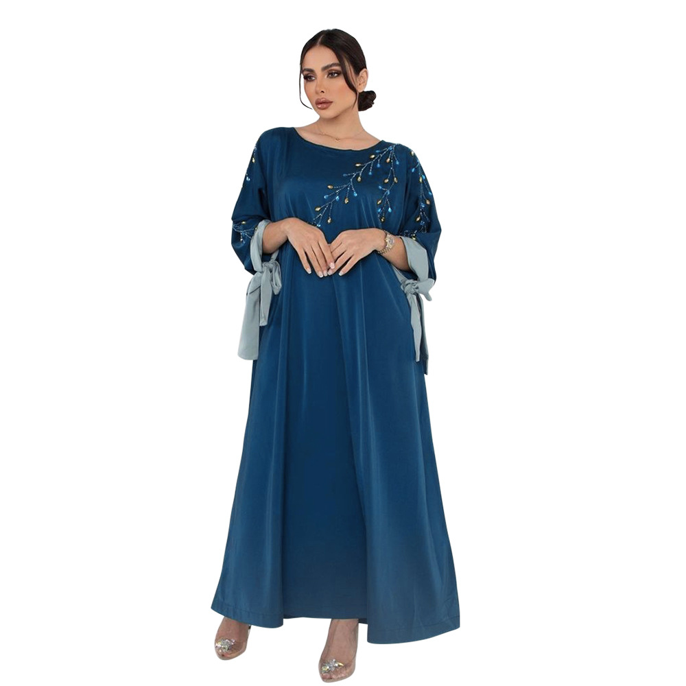 Middle East Dubai Arabian Women Dress Fashion Contrasting Color Satin Robe Diamonds Lace-up Sleeves Elegant Party Gowns Abaya caftan dubai luxe 2024 moderne
