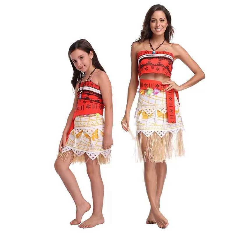 Cosplay perucas adulto crianças cosplay vaiana moana princesa traje vestido colar peruca menina festa de halloween moana vestido traje cosplayl240124