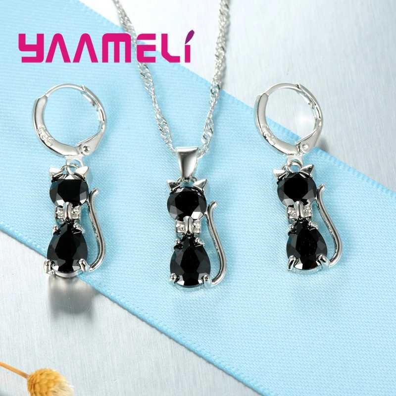 Naszyjniki wiszące prawdziwe 925 Sterling Srebrny kolor biżuterii dla kobiety dziewczyny lśniący Austriacki Kryształowy Cute Kot Naszyjnik Huggie Earring YQ240124