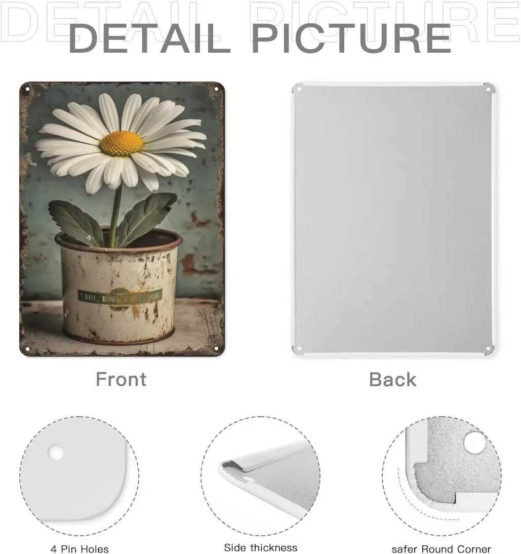 Metal Painting Vintage Tin Sign Flowers White Daisy with Dew Drop Metal Sign Retro Wall Decor for Home Cafes Office Store Pubs Club