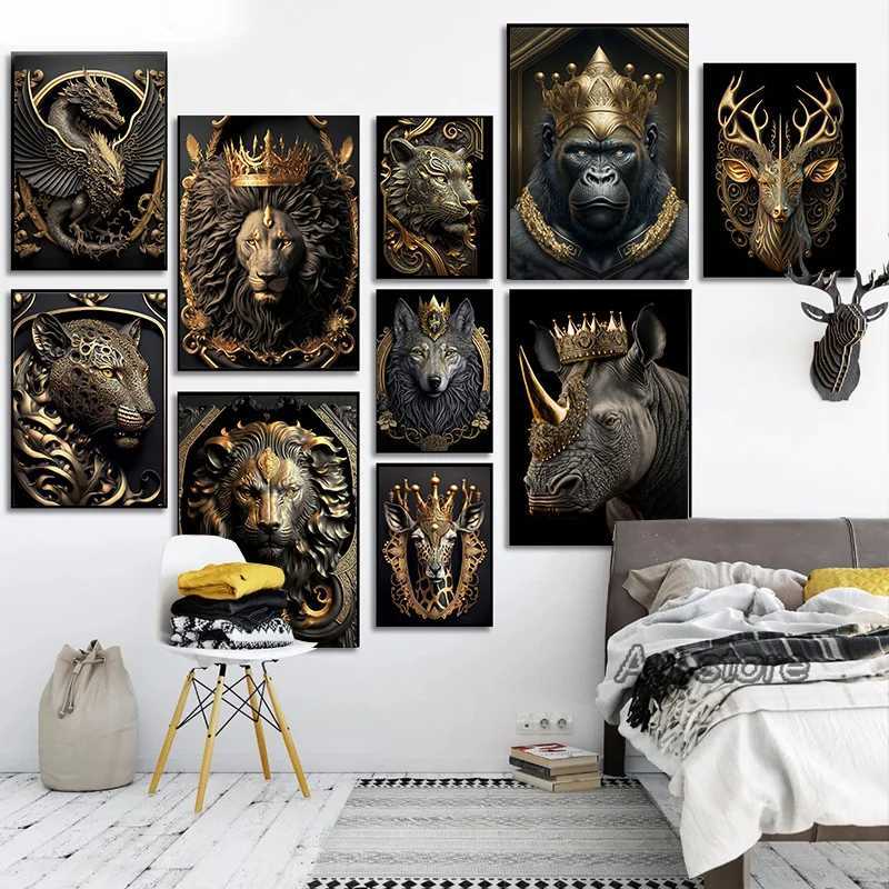 Pinturas Escultura de Metal Gorilla King Canvas Pintura Golden Lion Tiger Deer Bull Poster Art Animal Estátua Fotos para Decoração de Parede