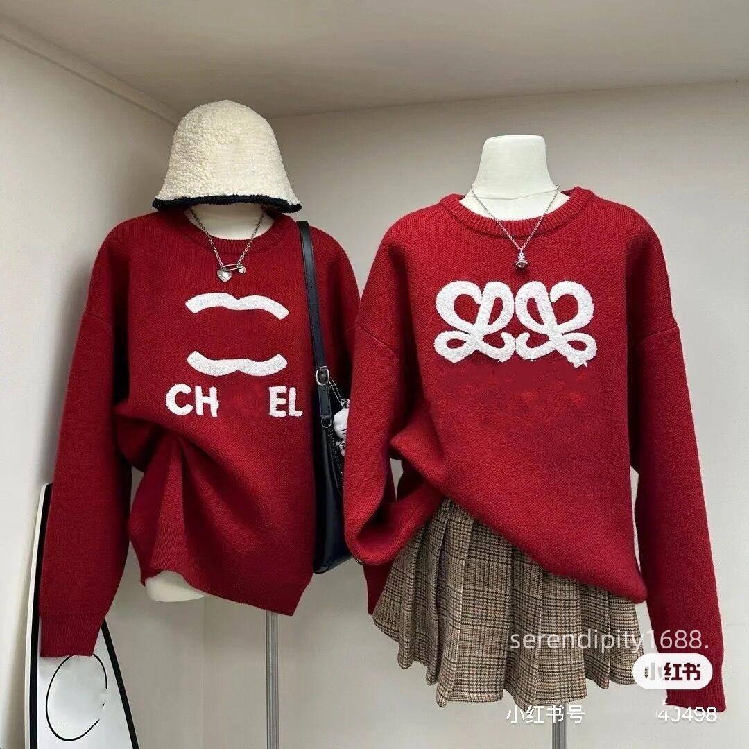 Frankreich Paris Designer-Damenstrickpullover aus roter Wolle mit Buchstabenstickerei vorne, bequemer Strickpullover, Kanalklassiker