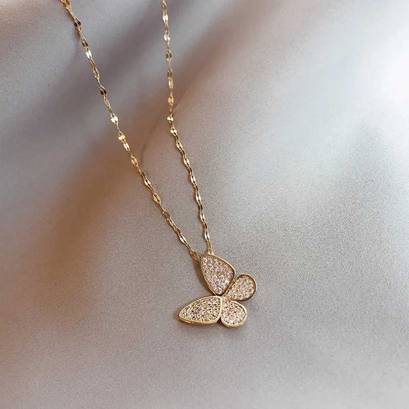 Pendant Necklaces DIEYURO 316L Stainless Steel Exquisite Gorgeous Butterfly Clavicle Chain Shining Zircon Wedding Jewelry Accessories Anniversary YQ240124