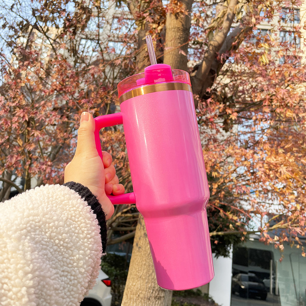 Vaso de acero inoxidable extintor H2.0 con brillo rosa invierno de 40 oz con sublimación en blanco chapado en arcoíris de cobre de gran capacidad con asa para grabado láser, vendido por caja