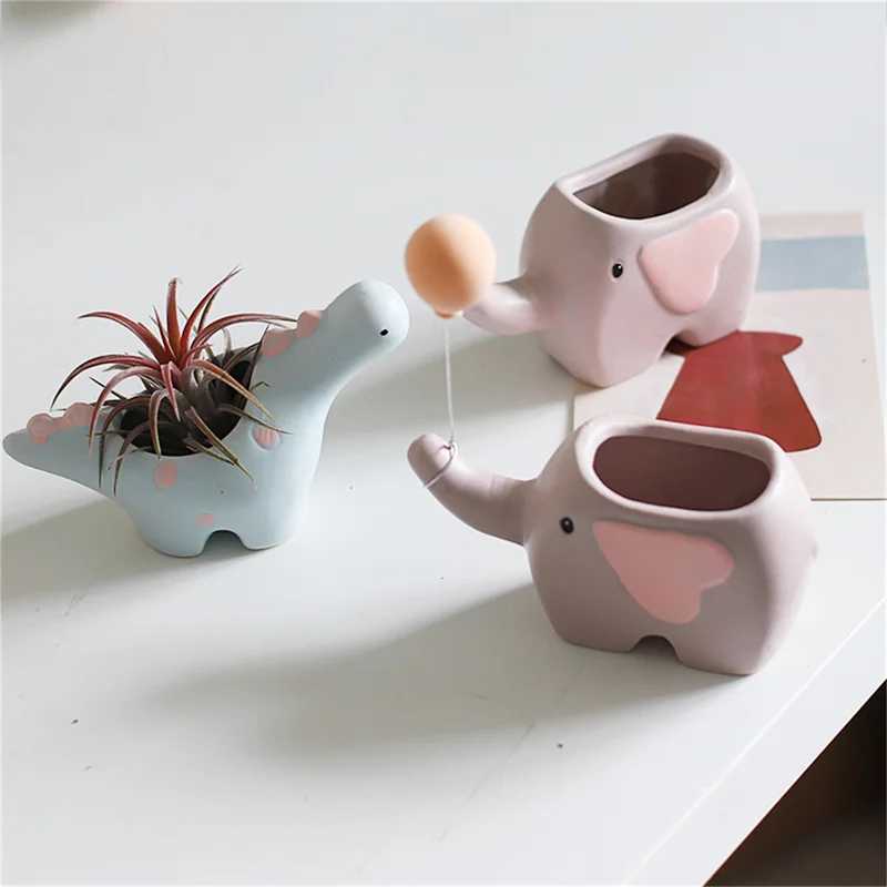 Vases Creative Flower Shape Plant Pot Ceramic Pots for Flowers Cartoon Elephant Dinosaur Succulent Pot Cute Home Table Decor VaseL24