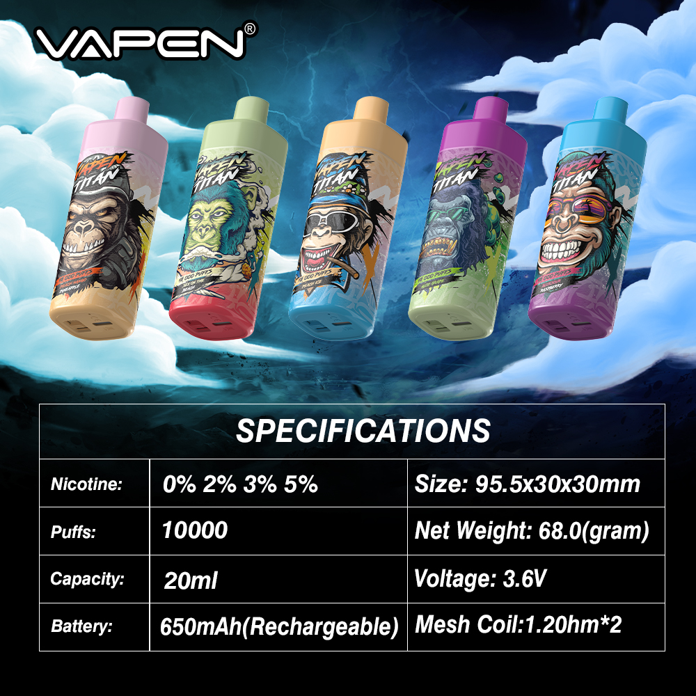 EU 창고 | 오리지널 vapen titan 10000puffs 일회용 vape 전자 담배 재 채워진 오일 공기 흐름 증기 E Cigs Razz Wape 퍼프 바 vaper 10k 12k 빠른 배송