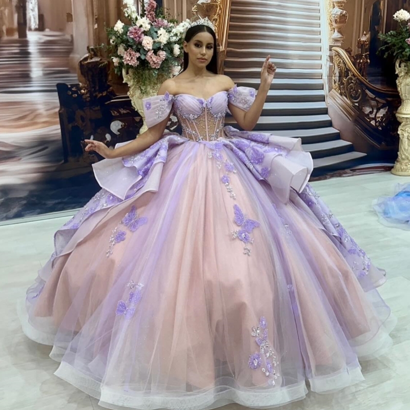 Mexique Sexy hors de l'épaule robe de bal Quinceanera robe pour fille perlée 3D Bow Tull robes de fête d'anniversaire robes de bal doux 16