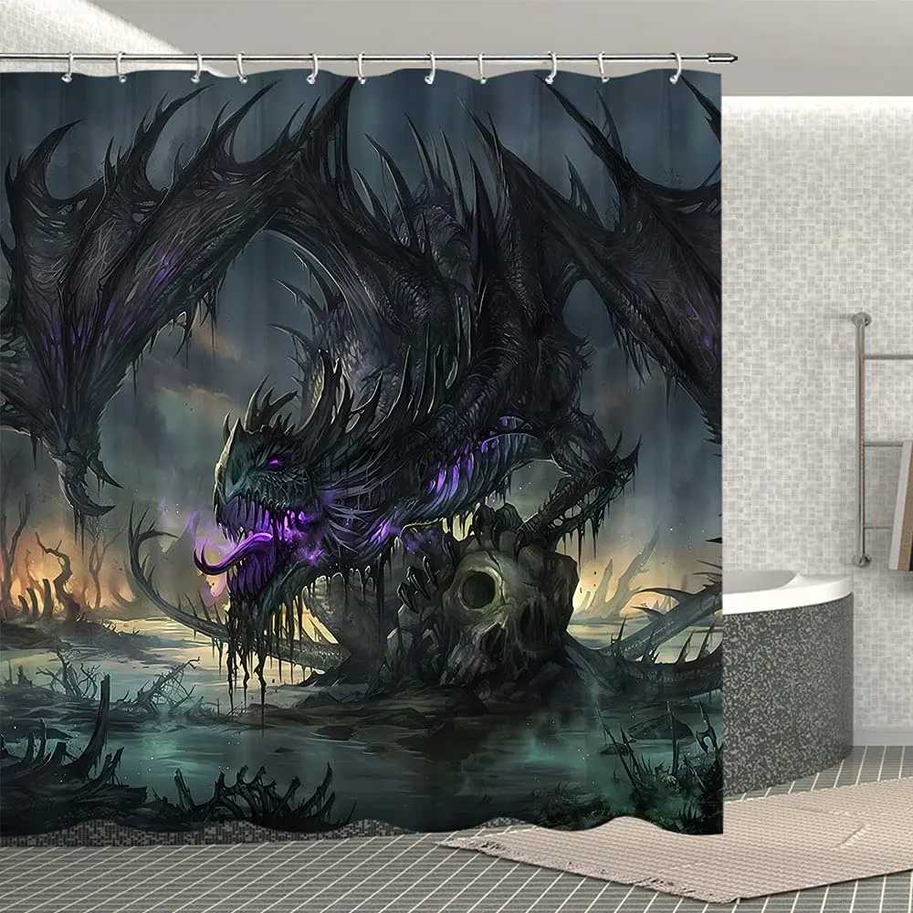 Rideaux de Douche Thème Fantastique Médiéval Violet Dragon Rideau de Douche Animaux Magiques Polyester Tissu Rideau de Bain Salle de Bain Douches Rideaux Ensembles