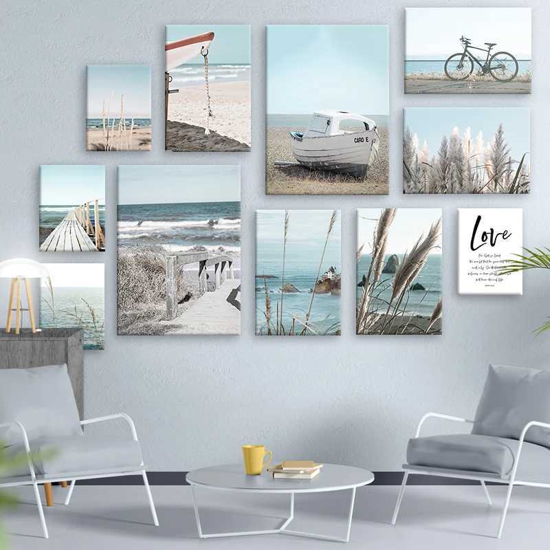 Paintings Nordic Canvas Painting of Ocean Reed Boat Beach Landscapes Seascape Poster Art Print Decorative Elegant Pictures for Living Room