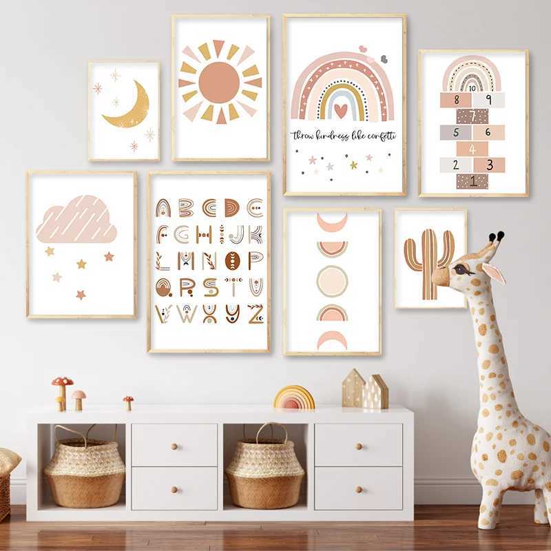 Pinturas Boho Canvas Pintura para Quarto Infantil Arco-íris Alfabeto Sun Moon Cactus Arte de Parede Pôsteres Decoração de Berçário Imagem Decorativa