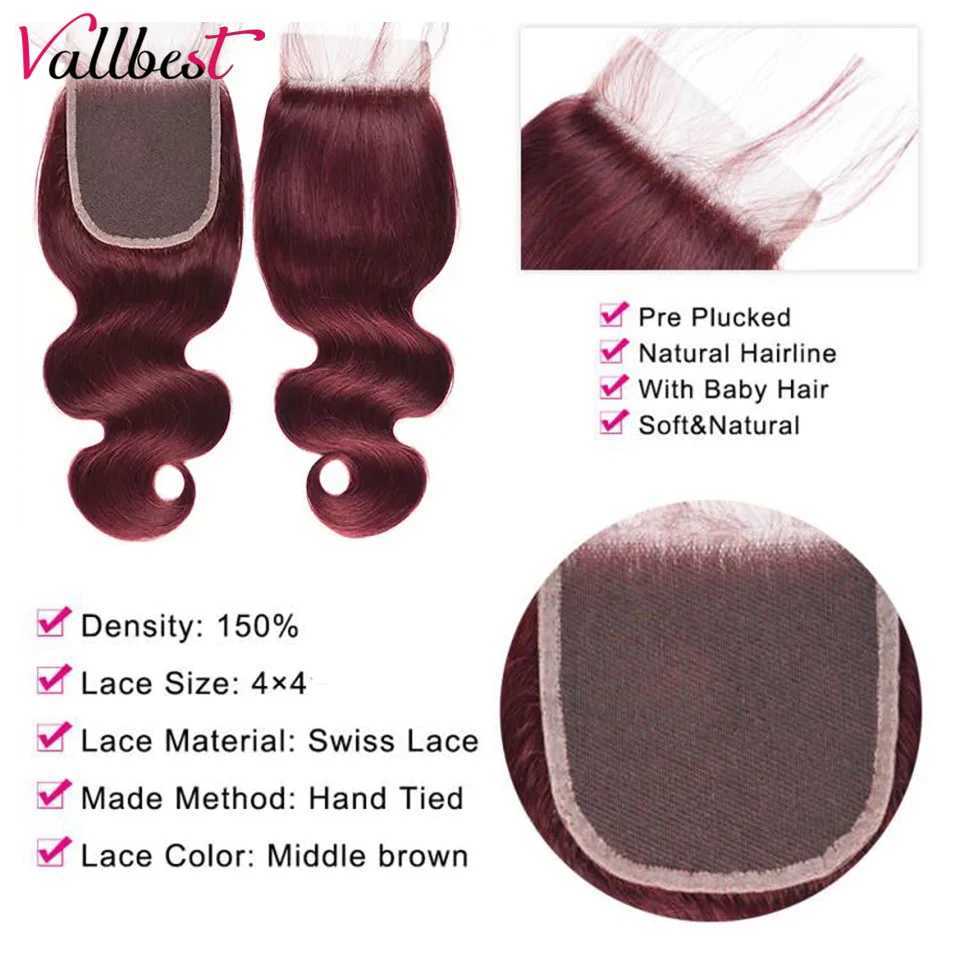 Synthetic Wigs Vallbest 32 Inch 99J Body Wave Bundles With Closure Brazilian Wavy Burgundy Hair Bundles With 4x4 Lace Closure Remy HairL240124