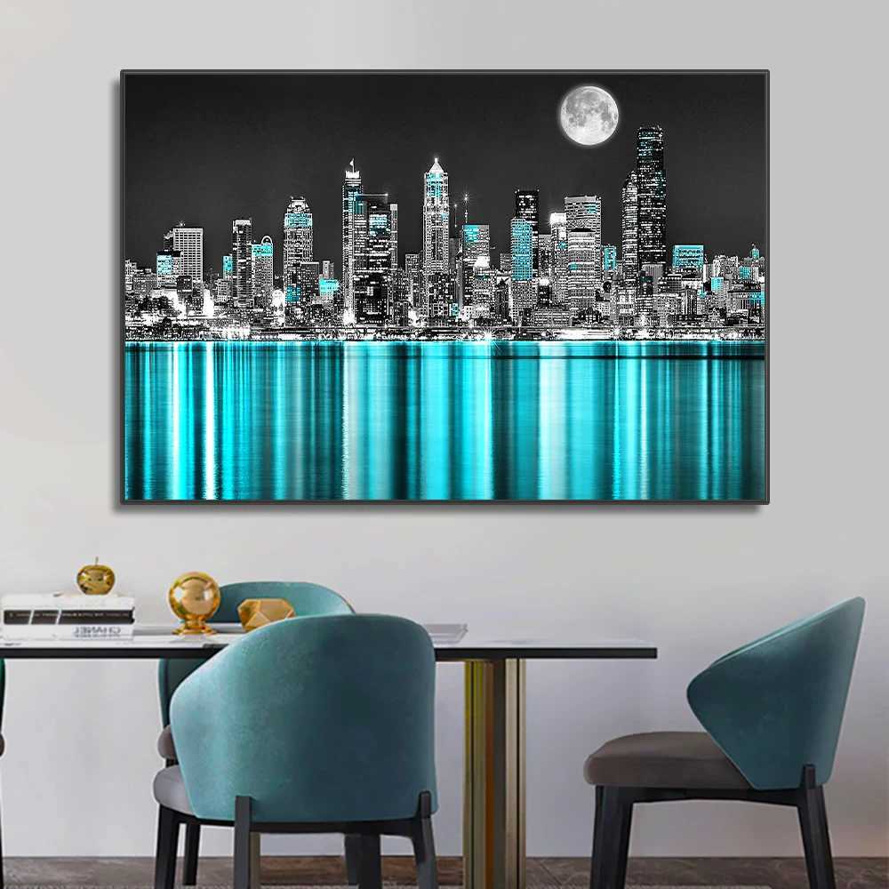 Dipinti Skyline urbano di New York Paesaggio Wall Art Canvas Pittura Astratta Neon Building Poster Stampe Foto la decorazione del soggiorno