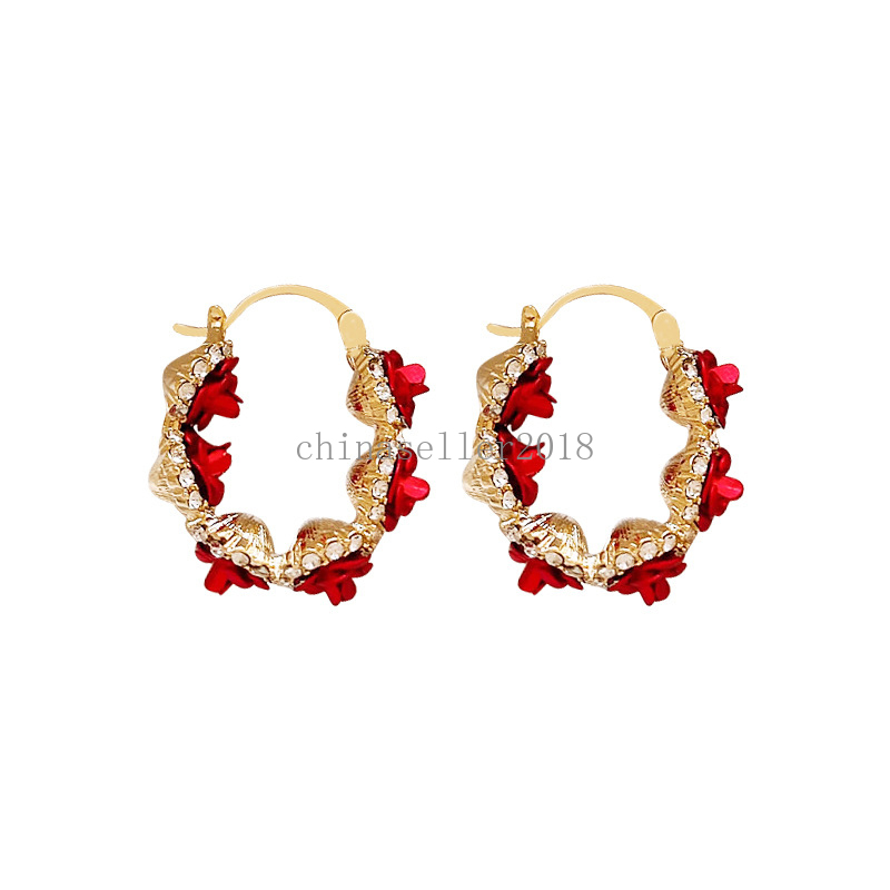 Fashion Red Rose Flower Hoop Earrings for Women Crystal Rhinestone Earrings Metal Wedding Jewelry Gifts