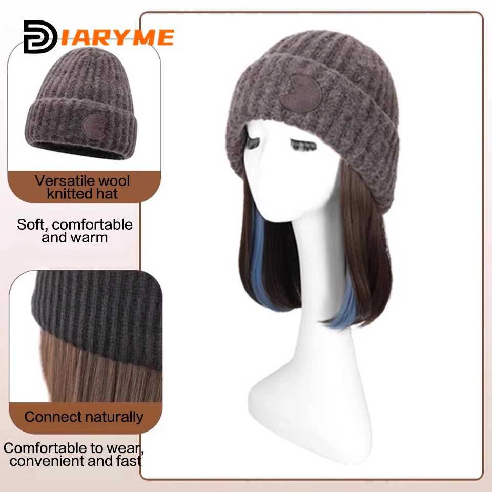 Synthetic Wigs Cap Wig Synthetic Short Straight Hair Wigs Connected Knitting Plush Hat Hair Warm Wig In Winter Adjustable For Women Natural FakL240124